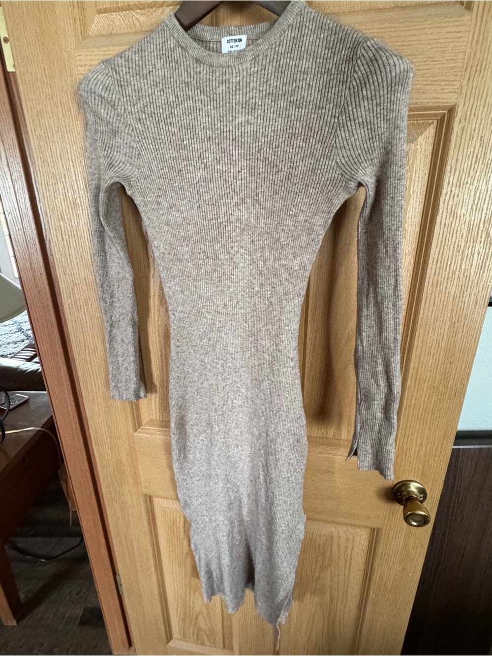 Cotton On Ribbed Long-Sleeve Midi Dress in Taupe